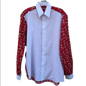 Men’s Large Christmas Reindeer Print Button Up Shirt Red Custom Made Cotton Loud